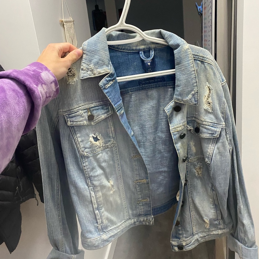 distressed light wash guess jean jacket